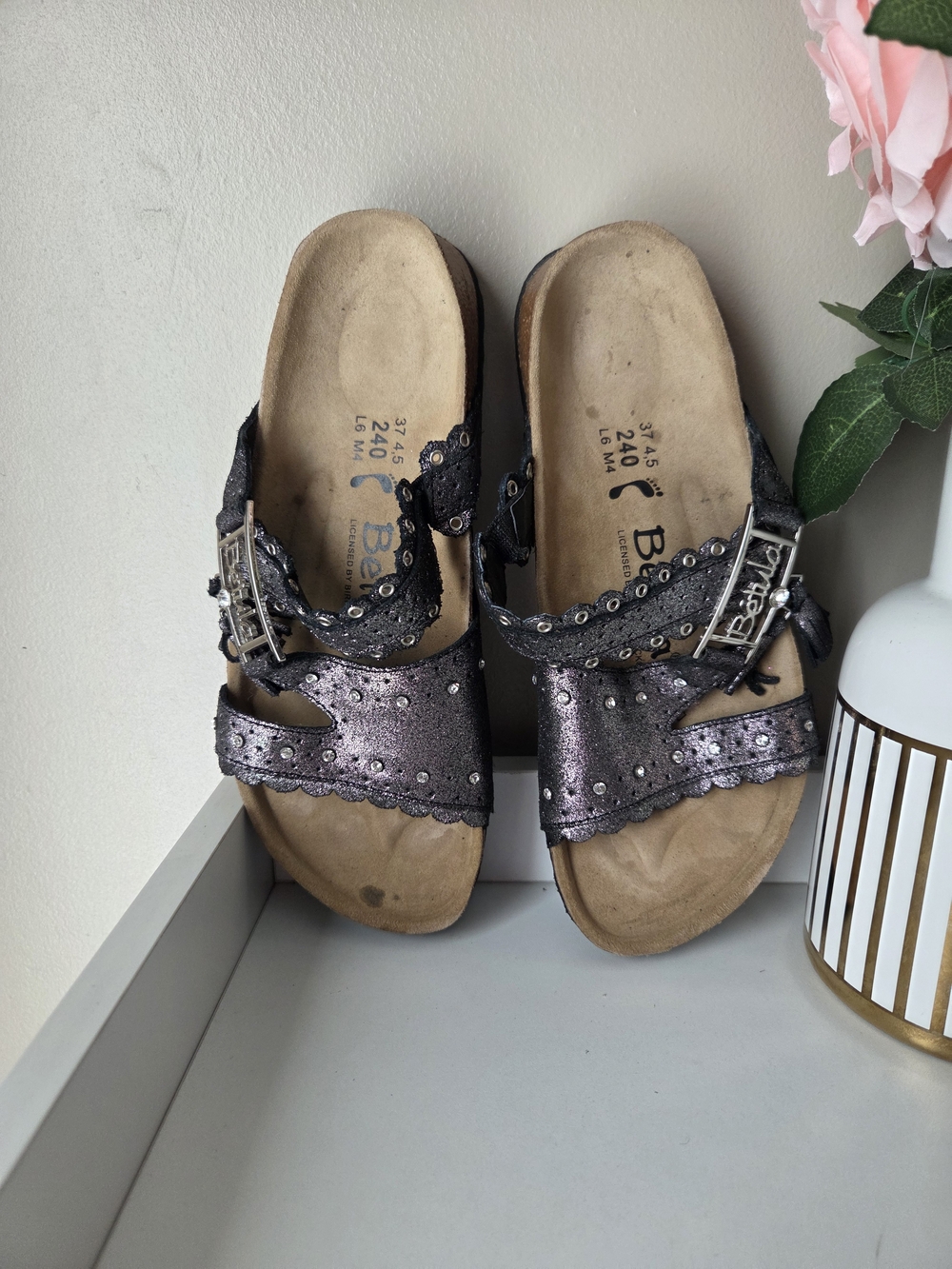 Metallic Pewter Women’s Buckle Slide Sandals